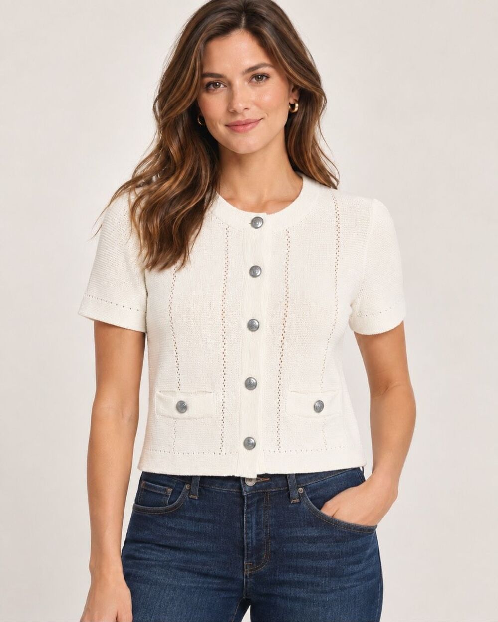 LOFT Women’s Medium Ivory Short Sleeve Knit Cardigan Lady Jacket Silver Buttons